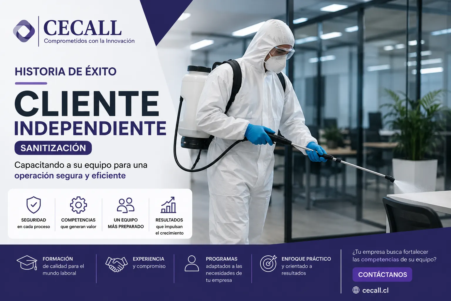Personal realizando labores de sanitización en instalaciones empresariales durante capacitación impartida por CECALL.