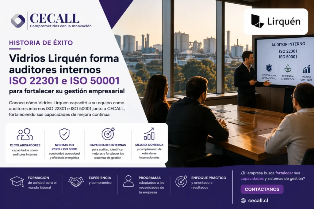 Colaboradores de Vidrios Lirquén participando en capacitación de Auditor Interno ISO impartida por CECALL.